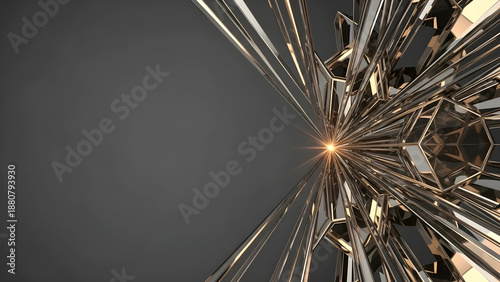 経営コンサルや金融業界向けの高級感ある幾何学結晶背景。透明なクリスタルとシャンパンゴールドの抽象素材、16:9プレゼン資料用。