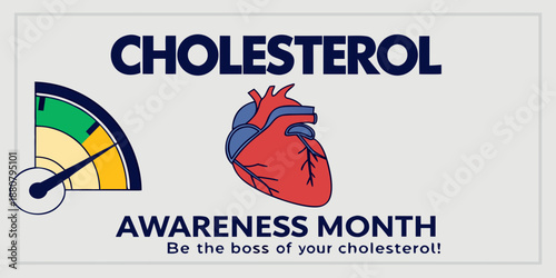 Cholesterol Awareness Month Banner with Heart and Meter Illustration