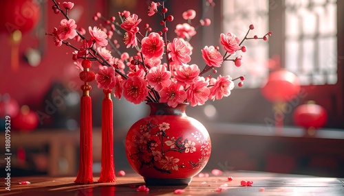 A vibrant red vase filled with blooming cherry blossoms, elegantly placed on a wooden table