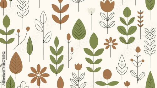 A seamless pattern of various stylized flowers, leaves, and stems in shades of green, brown, and white on a cream background.