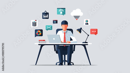 Businessman working at desk with laptop and icons representing business, technology, communication and data analysis