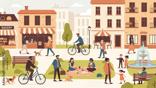 Illustration of people walking, sitting, and riding bicycles in a vibrant city square with buildings, trees, and a fountain on a sunny day.