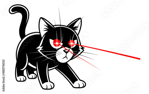 A formidable black cat with glowing red eyes projects powerful laser beams, embodying fierce determination