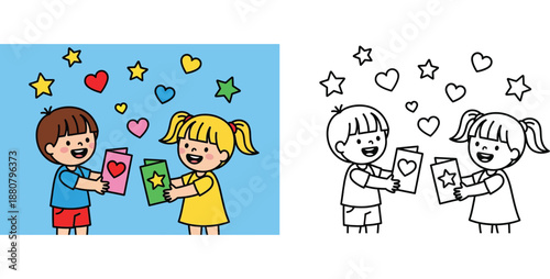 Cute boy and girl exchanging greeting cards with hearts and stars coloring page outline vector illustration