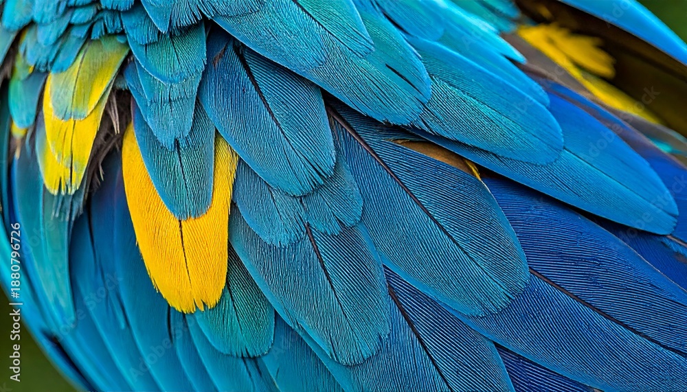 Obraz premium Close-up of vibrant blue and yellow feathers displaying intricate textures and patterns