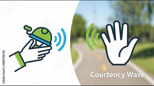 Animated demonstration of a courtesy wave and bicycle bell symbol