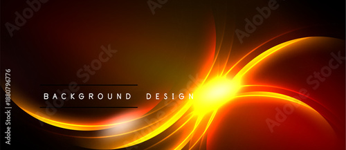 Bright abstract design features flowing orange lines, glowing center. Dark background creates dramatic visual impact. Modern, dynamic composition.