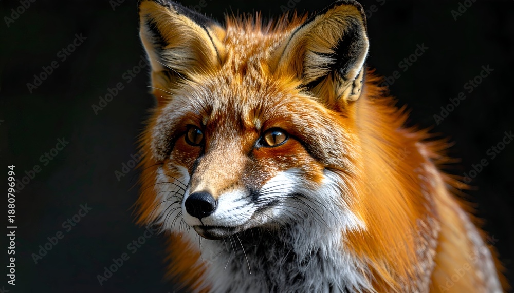 Fototapeta premium A close-up portrait of a fox displaying vivid orange fur and expressive eyes against a dark background
