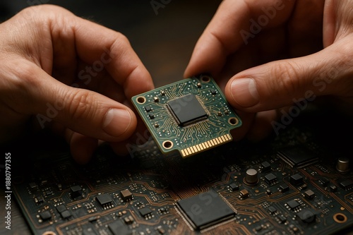 Human hands precisely placing a central processing unit on a circuit board, symbolizing technology assembly and electronic innovation