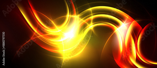 Bright abstract energy flows. Dynamic curves, vibrant colors create intense visual impact. Warm tones dominate composition.