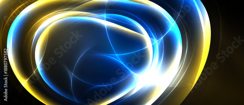Abstract swirls, bright blue, gold hues dominate. Light radiates, creating dynamic energy, smooth gradients present. Dark background enhances luminosity.
