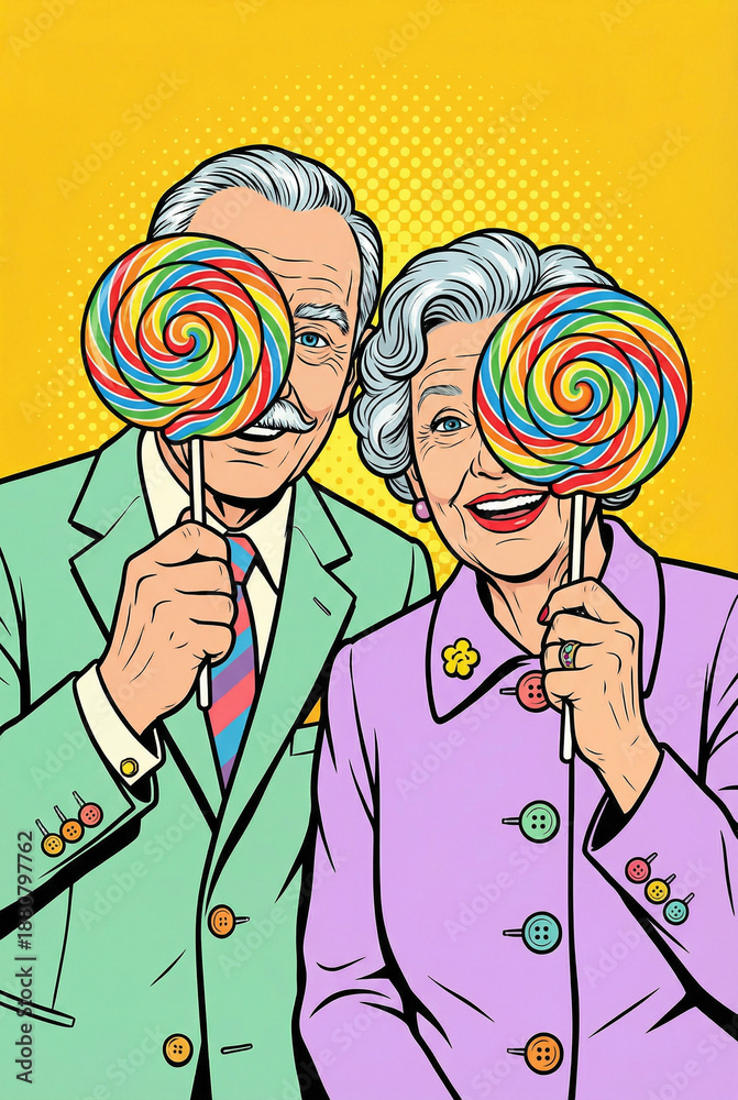 Fototapeta premium Elderly couple holding lollipops and smiling against yellow background 