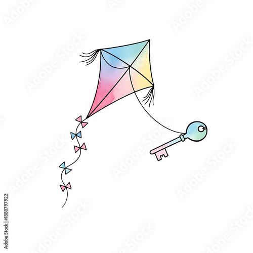 Watercolor kite flying high isolated on transparent background