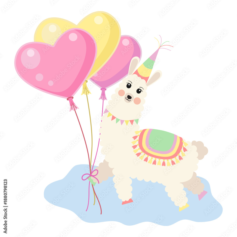 Obraz premium Happy Birthday Alpaca with Heart Shaped Balloons
