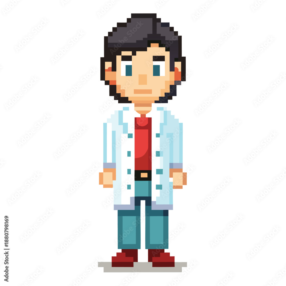 Fototapeta premium Pixel Art Male Doctor Character in White Coat Game Asset