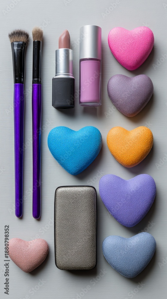 Fototapeta premium Makeup products on light gray surface for Valentine's Day
