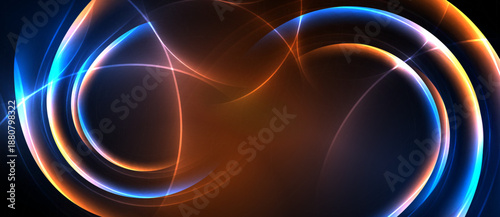 Abstract swirls, vibrant blue, orange hues dominate dark background. Energetic lines create dynamic visual impact.