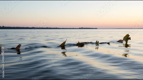 Autumn leaves float on calm water under a serene sunset sky