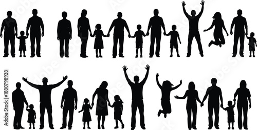Family silhouettes collection showing parents and children holding hands celebrating togetherness happiness and unity isolated on white background vector illustration