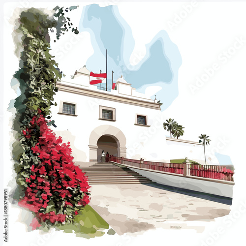 Larco Museum. Larco Museum hand drawn watercolor illustration