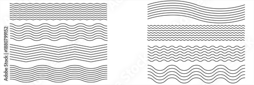 Set of wavy horizontal underline pattern lines. Wiggle undulate border sine stroke. Curved lines for water, wind, sound symbols isolated in white background. Abstract vector illustration