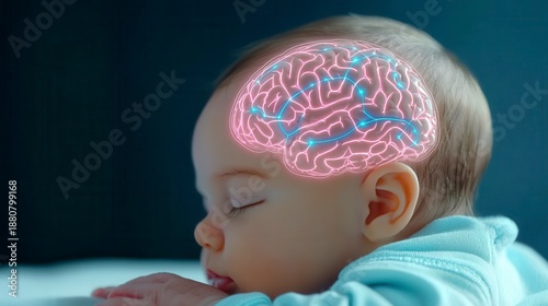 Wallpaper Mural A peaceful baby sleeps as a glowing brain illustration highlights cognitive development and the wonders of early childhood. Torontodigital.ca