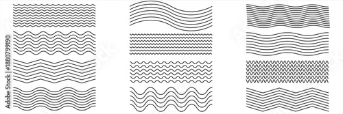 Set of wavy horizontal underline pattern lines. Wiggle undulate border sine stroke. Curved lines for water, wind, sound symbols isolated in white background. Abstract vector illustration