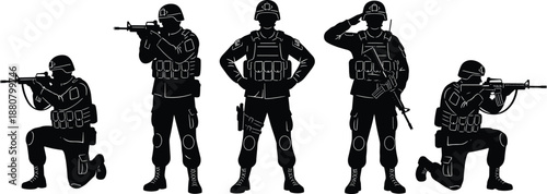 Military soldiers silhouettes set showing armed tactical forces in various combat stances isolated on white background vector illustration