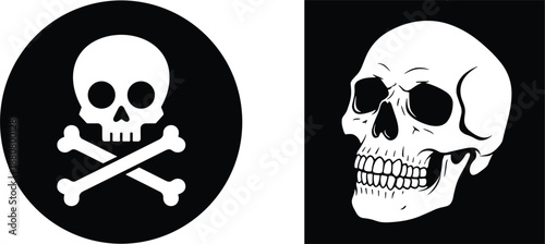 Skull icons set with crossbones and detailed skull illustration representing danger death warning anatomy minimal vector design