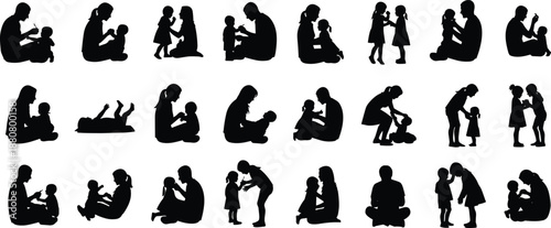 Parents and children silhouettes collection showing loving family bonding parenting moments with mothers fathers and kids isolated on white background