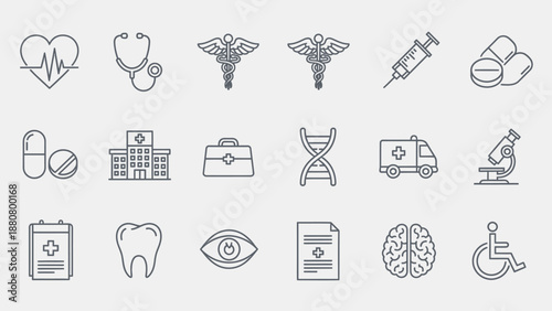 Collection of Medical Outline Icons, depicting healthcare, medicine, and wellness concepts, on a bright studio background.