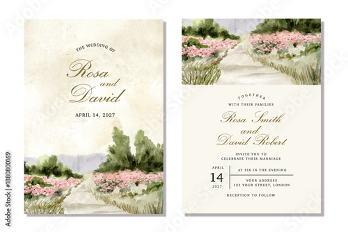 wedding invitation card with vintage flower field landscape watercolor background