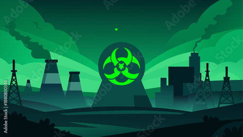 A vector graphic illustration of a hazardous industrial landscape with a biohazard symbol