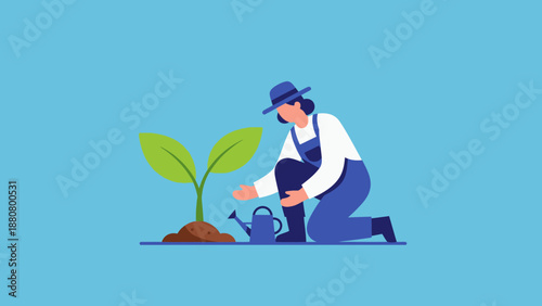 Caring gardener planting small green sapling with watering can, fostering new growth on blue background.