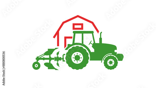 Green farm tractor with a plow in front of a red barn silhouette, representing agricultural work and rural farming on an isolated white background.