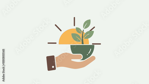 Hand gently holding a small plant in a pot with a sun above, representing sustainable growth and environmental conservation in a bright studio.
