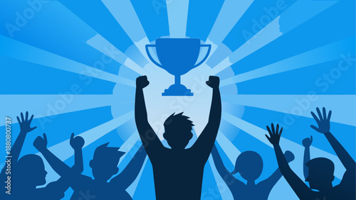 A vector graphic illustration of a group of people celebrating with a trophy winner in a blue sunburst background