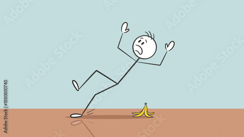 Stick Figure Slipping and Falling on a Banana Peel Indoors with a Light Blue Wall Background