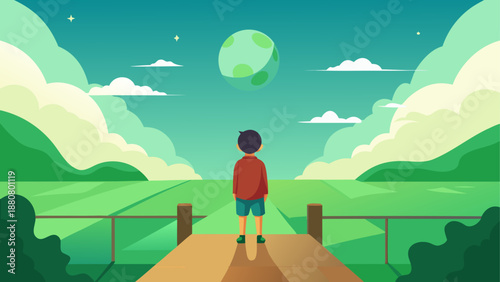 A young boy stands on a bridge looking out at a serene landscape with a large planet in the sky