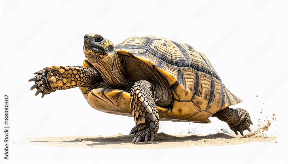 Naklejka premium A turtle, leaping across sand against a white backdrop, demonstrating movement