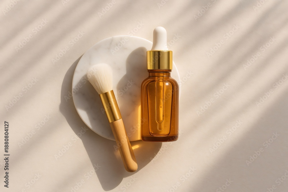 Naklejka premium Skincare serum bottle and makeup brush resting on marble, illuminated by natural sunlight creating atmospheric shadows