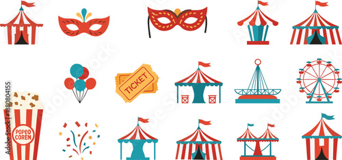 Vibrant carnival icons set for festive event promotions