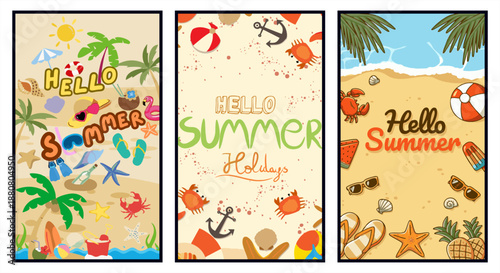 Set of Hello Summer Holiday greeting cards. Tropical beach background with sand, sea, palm trees, crabs, and vacation elements flat illustration.