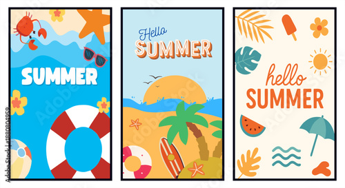 Set of Hello Summer greeting cards. Tropical beach background with sea waves, sunset, palm trees, surfboard, and beach elements flat illustration.