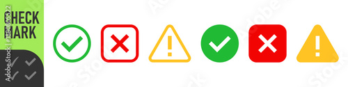 check mark icon button set. check box icon with right and wrong buttons and yes or no checkmark icons in green tick box and red cross. exclamation mark information icon