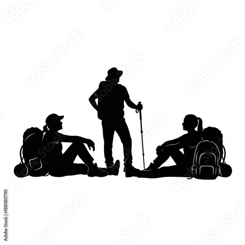 Silhouetted Hikers Resting with Backpacks and Trekking Poles.