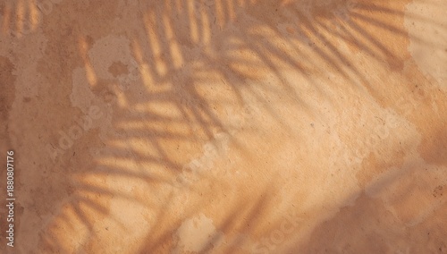 Shadows of palm leaves cast on a textured wall creating a warm and serene tropical atmosphere, perfect for relaxation and vacation themes