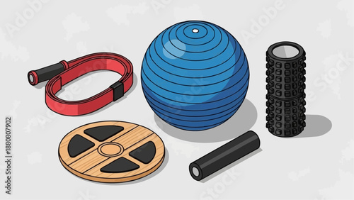 Collection of fitness equipment for home workouts and physical therapy, including a balance board, stability ball, and foam roller