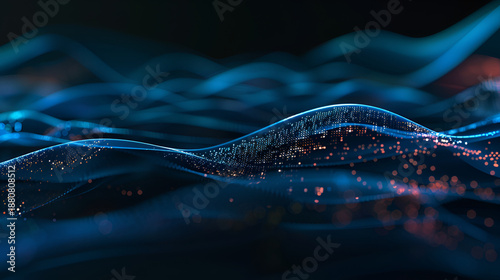 Abstract digital waveform landscape with glowing data points and flowing particle motion