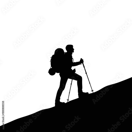Hiker Silhouette Climbing Mountain with Backpack.